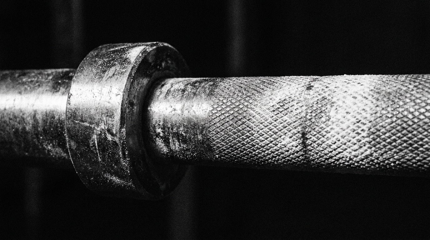 Close view of a chalked barbell sleeve and knurling