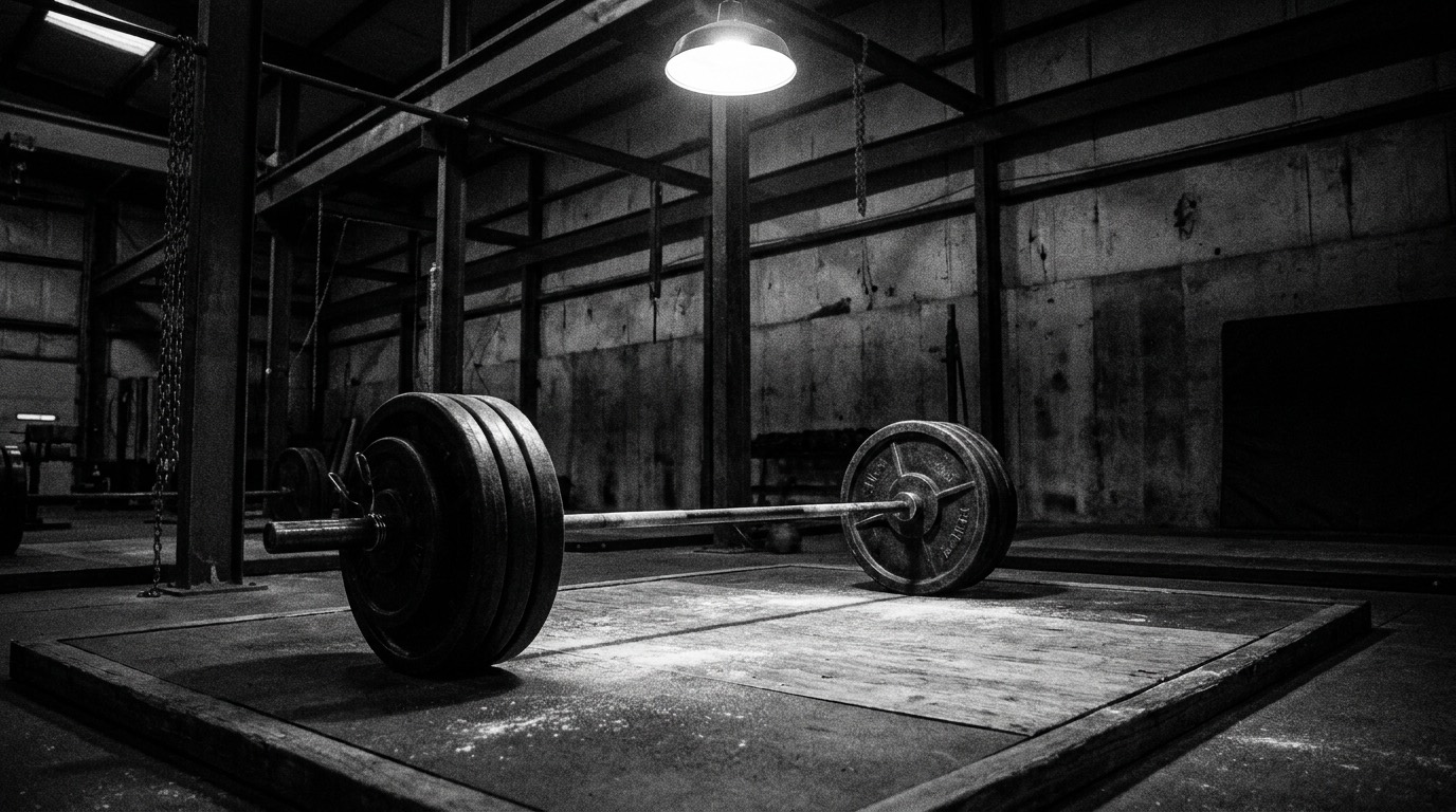 A loaded barbell on a chalk-dusted lifting platform under a single work light